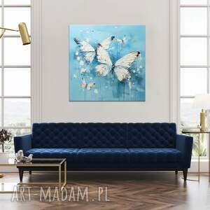 białe motyle na niebieskim tle - obraz wydruk płótnie 70x70 cm błękitna