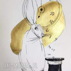 adriana laube art biały królik obraz piórkiem oraz złotym tuszem artystki