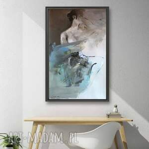 w błękitach - 100x55, kobieta szkic, obraz kobieta, duży