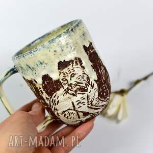 handmade kubek ceramiczny z rysiem duży leśne opowieści 420 ml ceramika