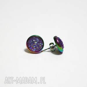 Fioletowe kolczyki z druzy na sztyftach - stal szlachetna