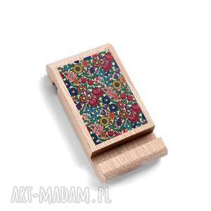 drewniany stojak pod telefon z grafiką kwiaty zalipia, folk, ludowy, prezent