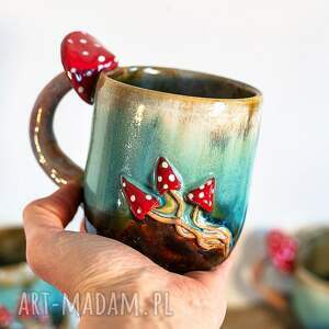 handmade duży kubek z muchomorkiem turkusowe poszycie ok 470 ml ceramika