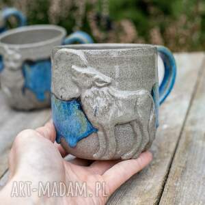 handmade kubek ceramiczny beton blue duży z wilkiem męski ok 550 ml