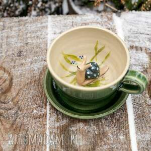 handmade ceramika filiżanka do herbaty z figurką ślimaka | do kawy | beżowo zielony | ok