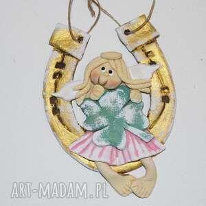 handmade dekoracje dam koniczynkę - aniołek z masy solnej, podkowa