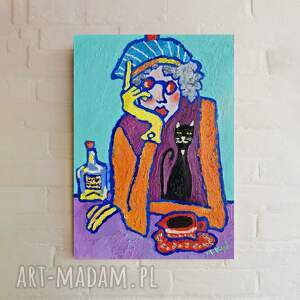 obraz olejny babcia popołudniowa herbatka, obrazy olejne pieskiem