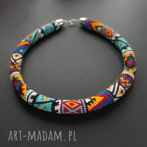 turkusowo - czerwony naszyjnik sznur koralikowy wzór etniczny, indiański