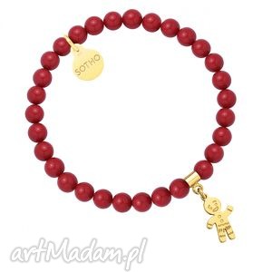 czerwona bransoletka z pereł swarovski crystal ze złotym ciastkiem, modna