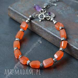 Bransoletka z karneolu z ametystem, karneol, srebro oksydowane