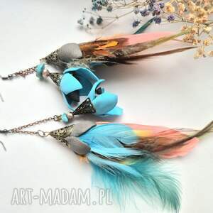 Kolczyki kwiaty i pióra lekkie długie wykonane w pojedynczym