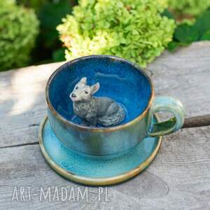 ręcznie zrobione ceramika ceramiczna filiżanka z figurką wilka - wapienniki blue