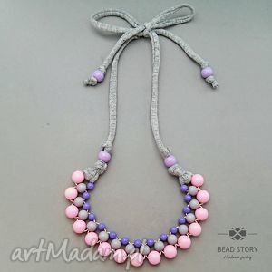 Naszyjnik z korali szarych, fioletowych i różowych - handmade bez metalu