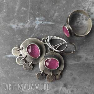 kolczyki srebro, rubin, pierścionek srebro