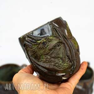 kubek z smokiem spiżowy zielony kamionka błysk 450 ml ceramika na prezent