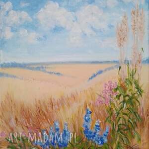 Obraz "Złote Łany" - pejzaż letni ręcznie malowany akryl 30x24 cm