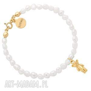 Złota dziecięca bransoletka z pereł naturalnych z miś, misiem
