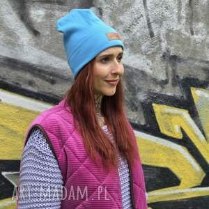 niebieska błękitna, czapka, wywijana, beanie