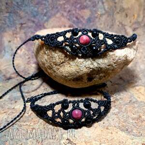 Komplet pandorki czarny ażurowy agat z onyksami w makramie bocho chic, kamienie naturalne, półszlachetne