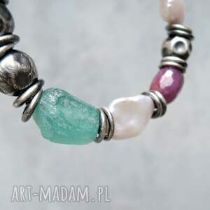 handmade kolorowa bransoletka rubiny, perły, szkło antyczne