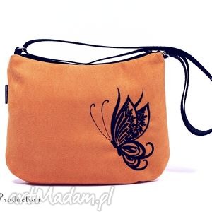 torebka black butterfly on orange, zamsz motyl haft, alcantara, wyszywana