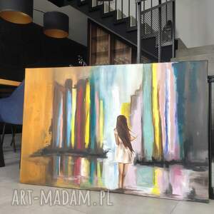 wielobarwna abstrakcja z kobietą, 70x100 cm ręcznie malowany obraz