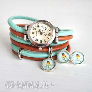 handmade zegarki komplet - kolorowy ptaszek - zegarek i kolczyki