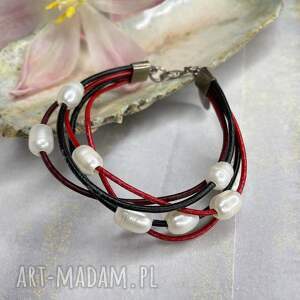 bransoletka z rzemienia i pereł a1280, czarno czerwona