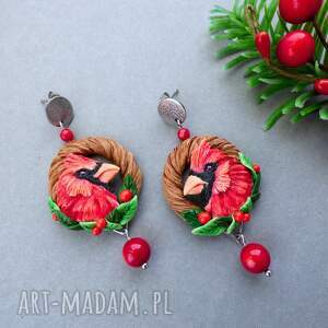 kolczyki z kardynałem szkarłatnym i koralem ptaszek, boże narodzenie wieniec