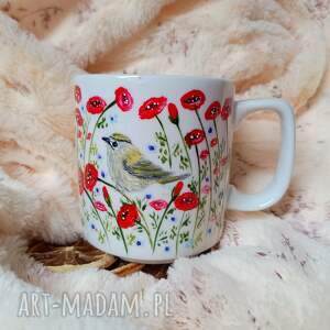 kubki mysikrólik wśród maków ręcznie malowany kubek 270 ml, malowana porcelana