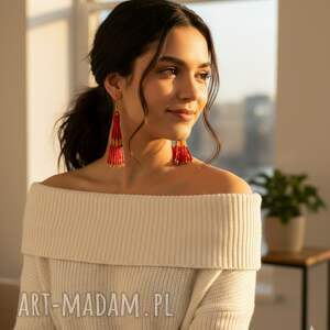 kolczyki boho ręcznie robione - czerwone kaskady z koralików 7 cm