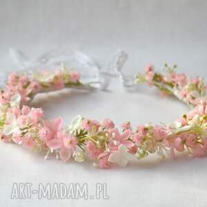 landrynkowe niebo - dziewczęcy wianek w pastelowych odcieniach różu i bieli