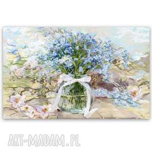 obraz na płótnie powojnik i niezapominajki w słoju 120x80, kwiaty kwiatowe