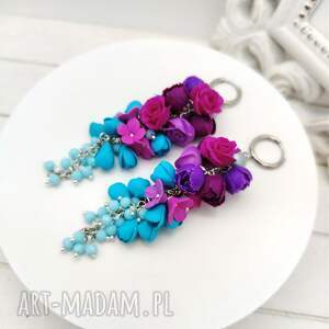 bloomingclayjewelry długie kolczyki kwiatowe handmade w odcieniach fioletu