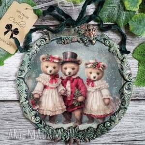 dekoracyjny medalion vintage z misiami, decoupage shabby chic prowansja