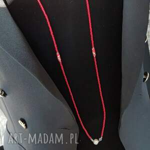 Naszyjnik Koralowiec Długi Czerwony Sznur Koralików z Perłami 24.118