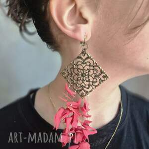 Klipsy długie lekkie duże czerwono miedziane wykonane w pojedynczym