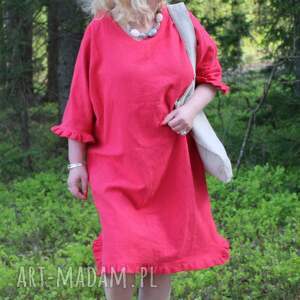 czerwona sukienka lniana z falbankami 100 len lato, lnu boho