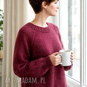 Klasyczny sweter, reglanowy rękaw - ciemna fuksja, sweterek z moheru