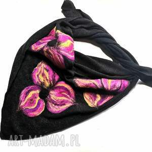 czarna chusta handmade wełniana, elementy - Dodatki chustki i apaszki
