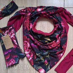 chustki i apaszki zestaw piwonia handmade, chusta opaska, mitenki, sama