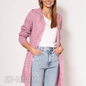 kardigan z kapturem - pa019 róż mkm, różowy sweter, damski sweter