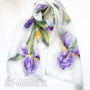 handmade szaliki malowany jedwabny szal - irysy na szarości
