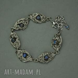 handmade elegancka bransoletka z niebieskimi labradorytami, wire wrapping, labradoryt