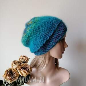 ręcznie na drutach turkusem miła, ciepła czapka