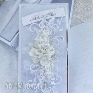 Prezent Biało srebrna kartka ślubna w pudełku - elegancka