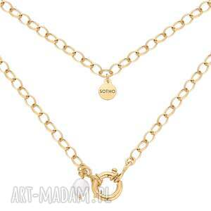 złoty masywny naszyjnik z ozdobnym zapięciem i naturalną perłą, gruby, pozłacany