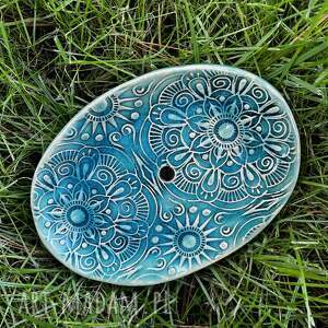 Ceramiczna mydelniczka etno handmade w turkusy