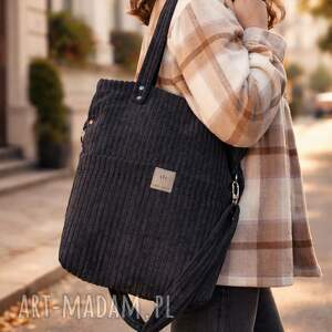 sztruksowa torebka z kieszeniami czarna, torba na ramię, pojemna torba