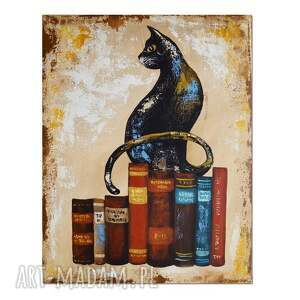 kot bibliofil, obraz ręcznie malowany, książki